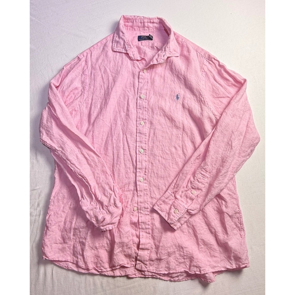 Polo Ralph Lauren Mens XL Pink 100% Linen Button Down Shirt Pony Logo-2529